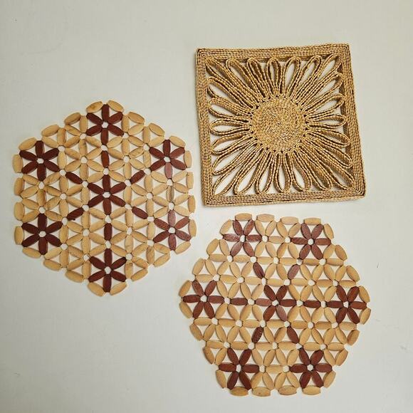 Set of Boho‎ Trivets Pot Holders Bamboo Beaded Wicker 3pc - Picture 2 of 5